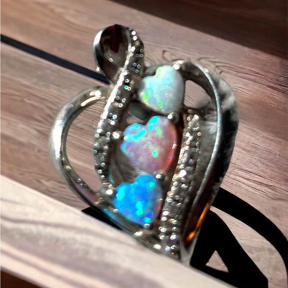 Gorgeous Vintage Triple Opal & CZ Diamond Heart Sterling Silver Pendant - Picture 4 of 8